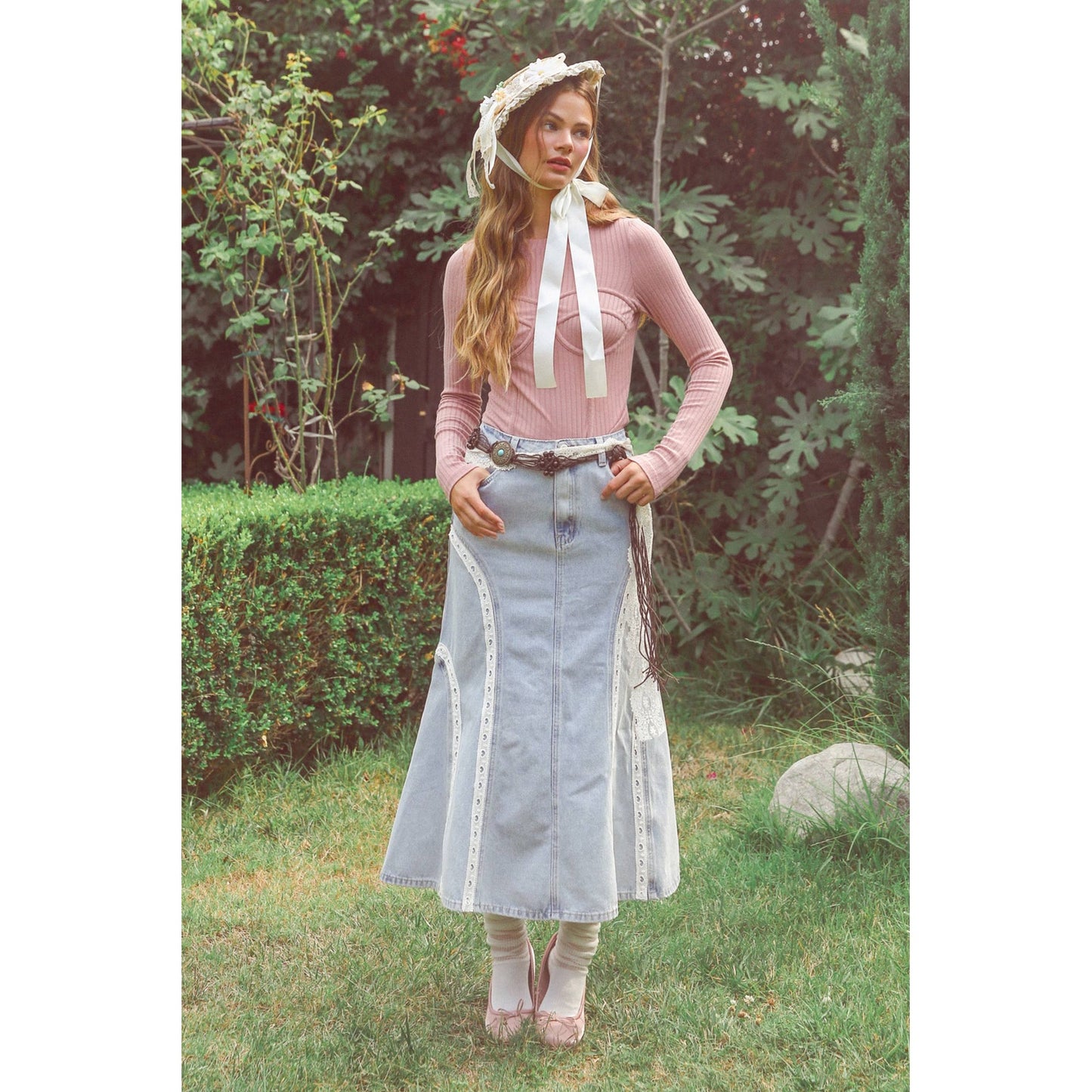 Embroidered Denim Midi Skirt