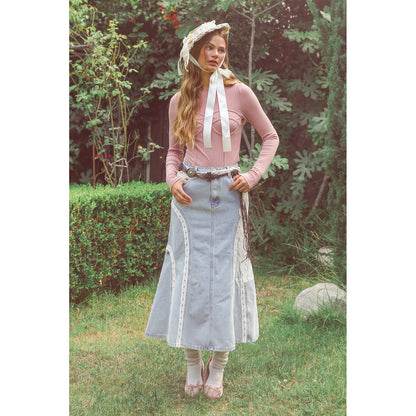 Embroidered Denim Midi Skirt