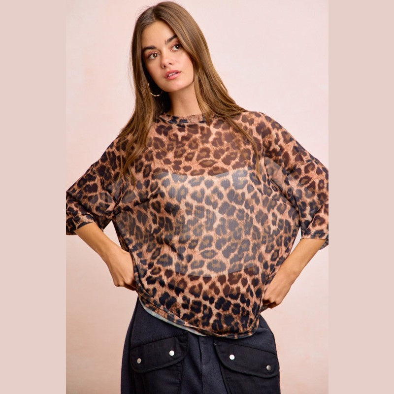 Leopard Print Short Sleeves Boxy Mesh Top