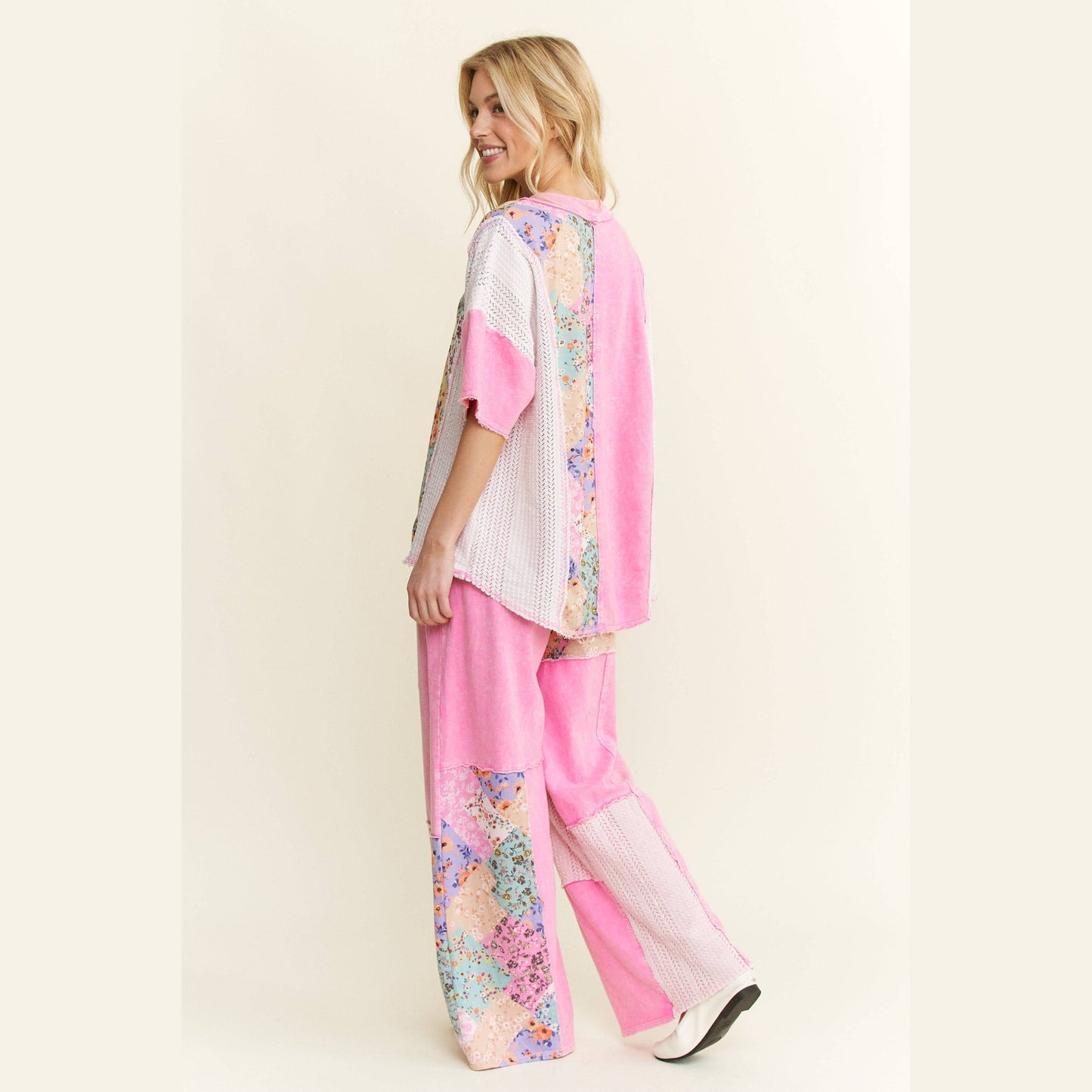 Mineral Washed Floral Wave Knit Jacquard Boho Pants