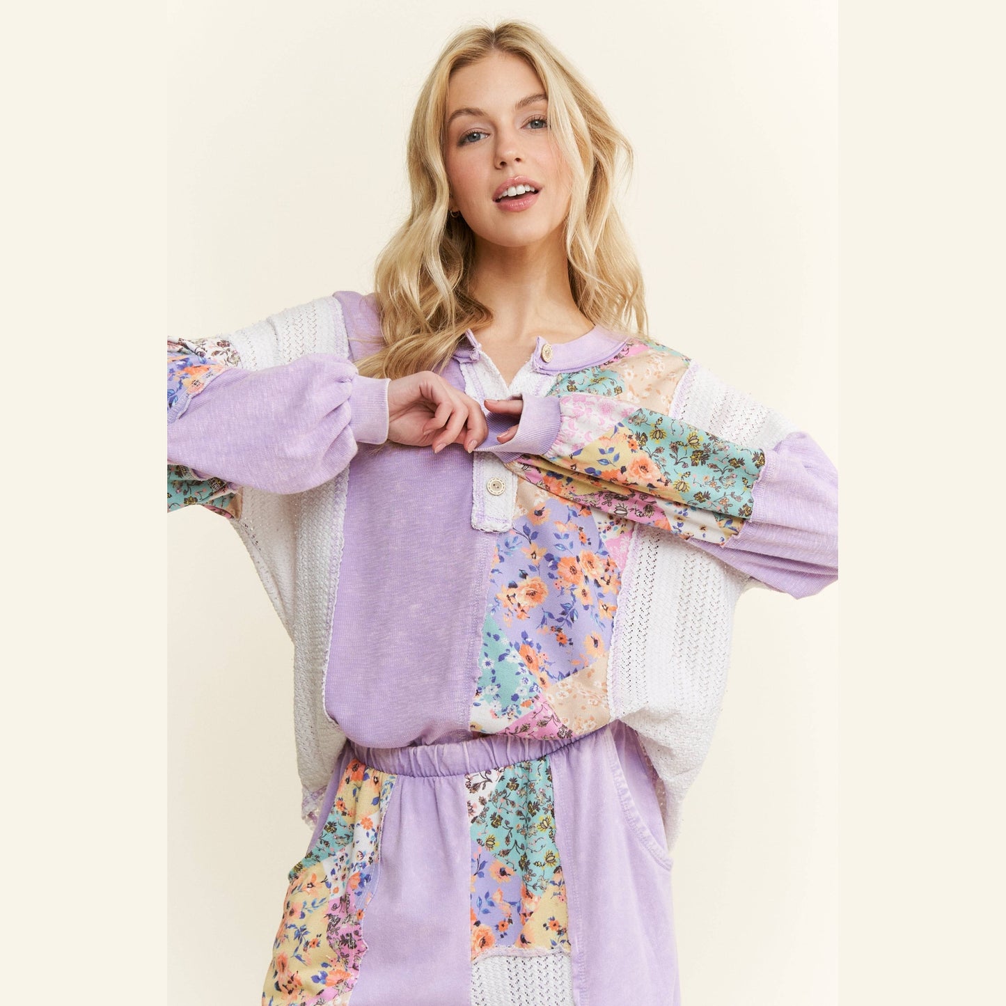 Mineral Washed Floral WaveKnit Jacquard Boho Top