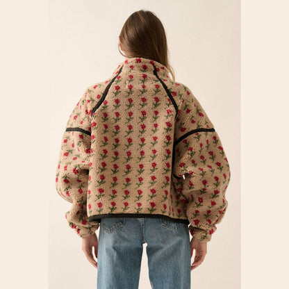 Floral-Print Fleece Half-Zip Pullover Jacket