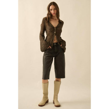 Solid Geometric-Pointelle Bell-Sleeve Cardigan