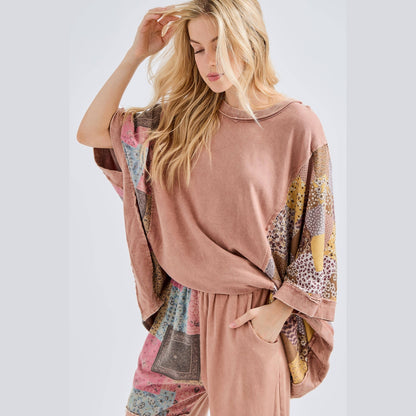Mineral Washed Boho Patch Poncho Top