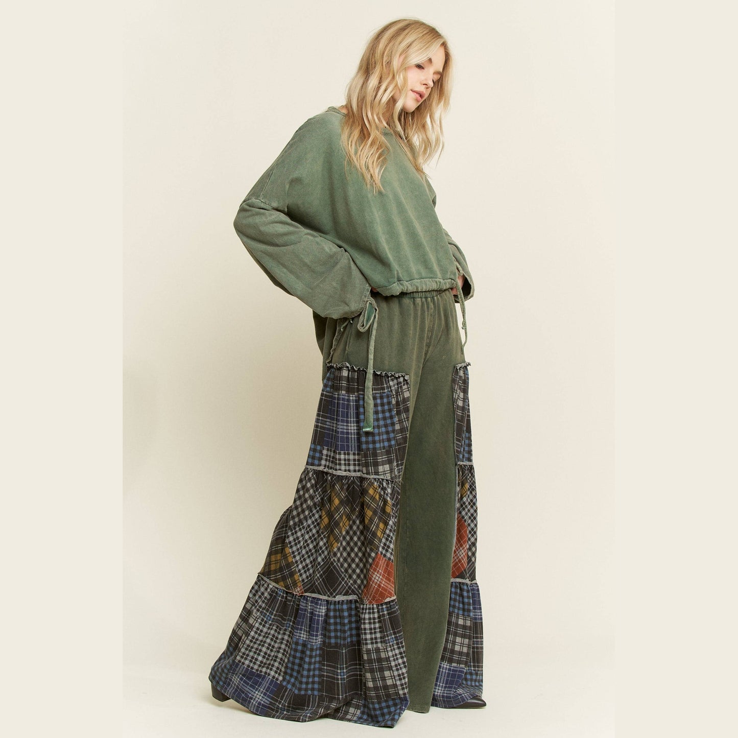 Mineral Washed Tiered Plaid Wide Flare Pants