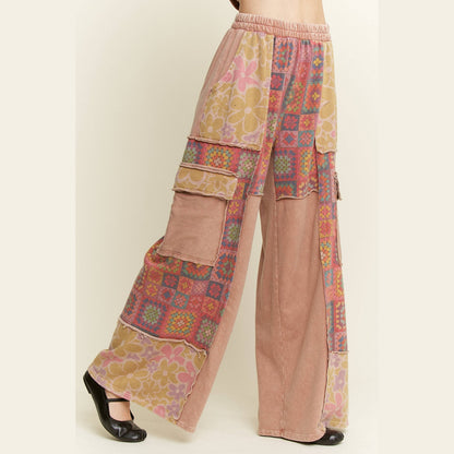 Mineral Wash Boho Crochet Floral Printed Pants