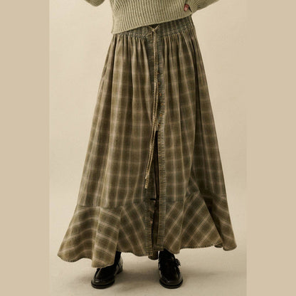 Plaid Flannel Button-Front Drawstring Maxi Skirt