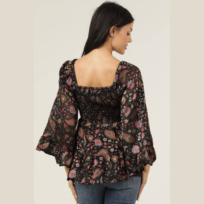 BURNOUT SATIN BELL SLEEVE LACE TRIM BLOUSE