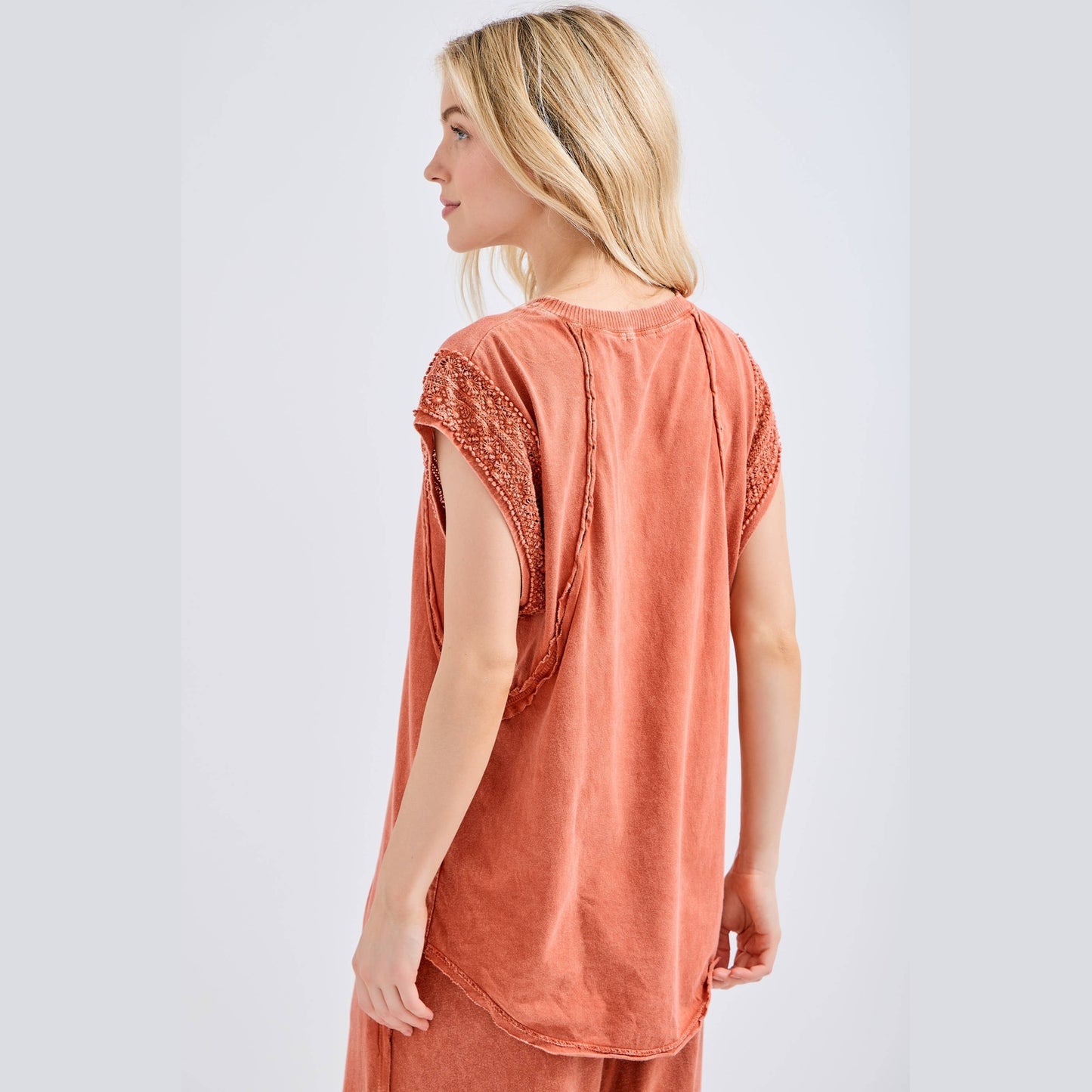 Mineral Wash Trim Cap sleeve Blouse