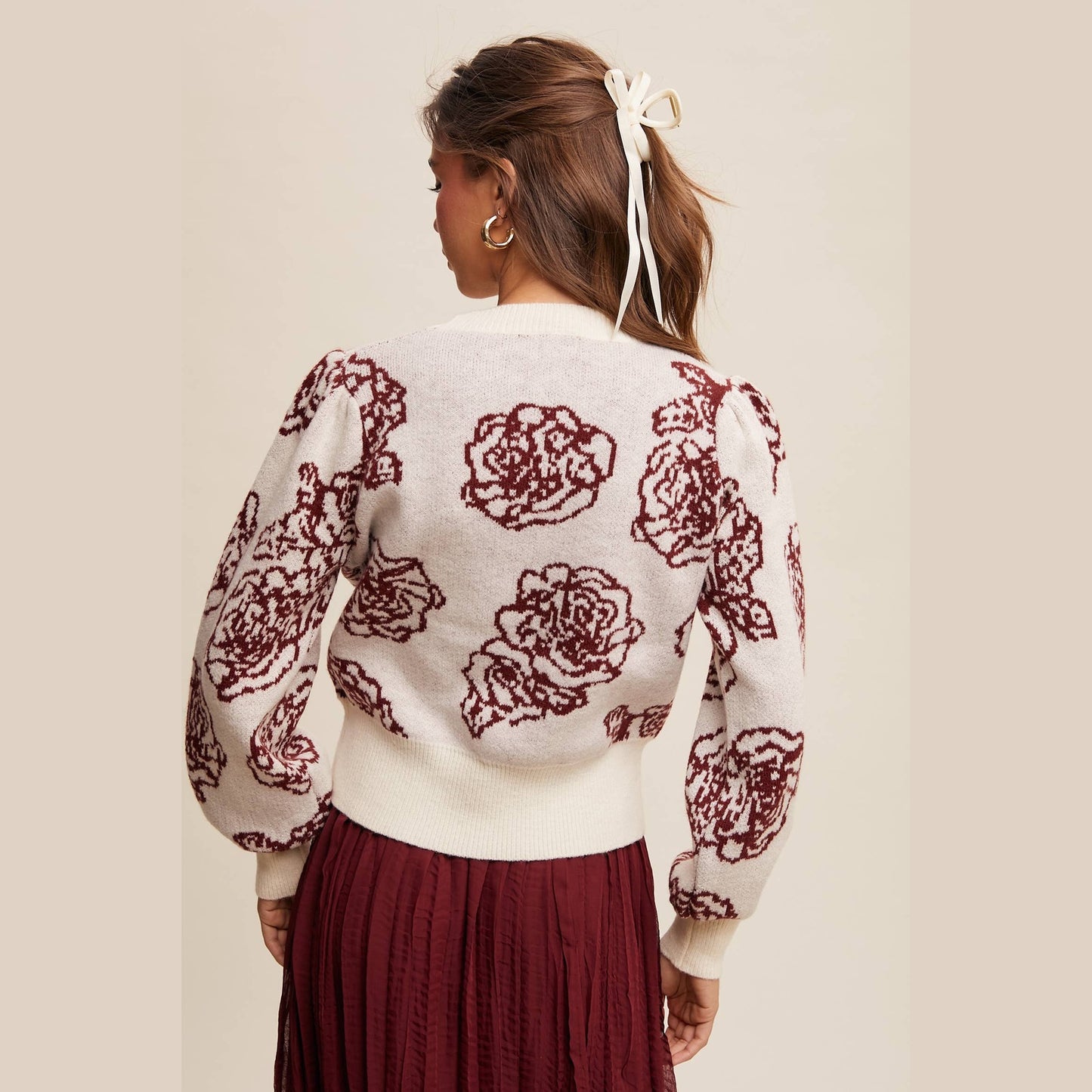 Floral Jacquard Puff-Sleeve Sweater