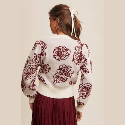 Floral Jacquard Puff-Sleeve Sweater