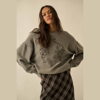 Embroidered Tigers Solid Knit Exposed-Seam Sweater - The Feral Market