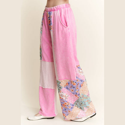 Mineral Washed Floral Wave Knit Jacquard Boho Pants