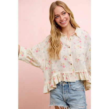 Floral Crinkle Quarter Sleeve Ruffle Hem Shirt Top