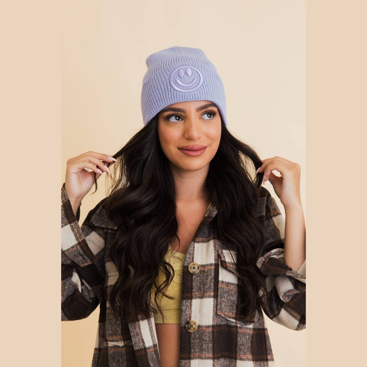 Happy Face Embroidered Ribbed Knit Beanie