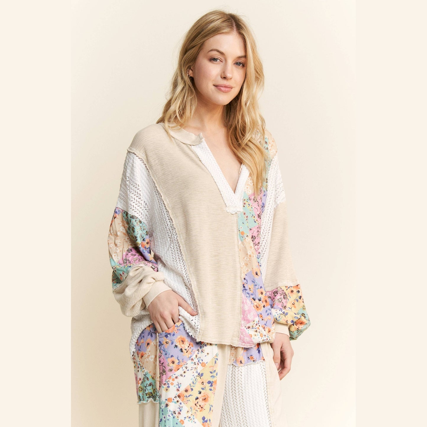 Mineral Washed Floral WaveKnit Jacquard Boho Top