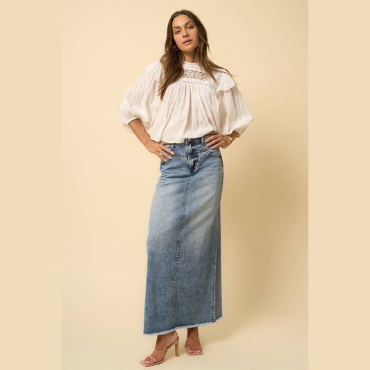 Fray Hem Frayed Hem High Rise Flared Maxi Skirt