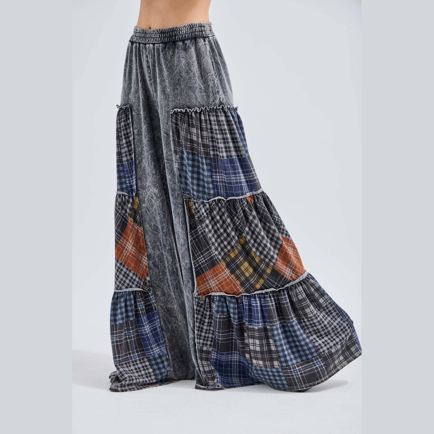 Mineral Washed Tiered Plaid Wide Flare Pants