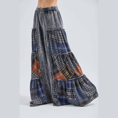 Mineral Washed Tiered Plaid Wide Flare Pants