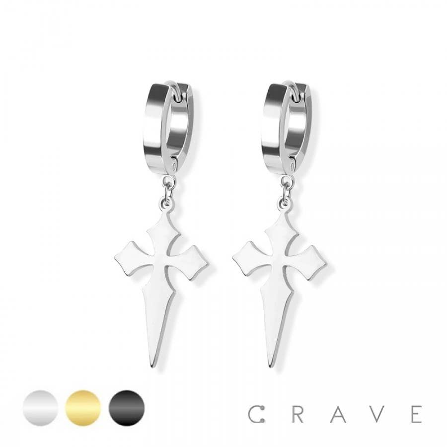 SS HUGGIE/HOOP EARRINGS WITH CROSS DAGGER DANGLE