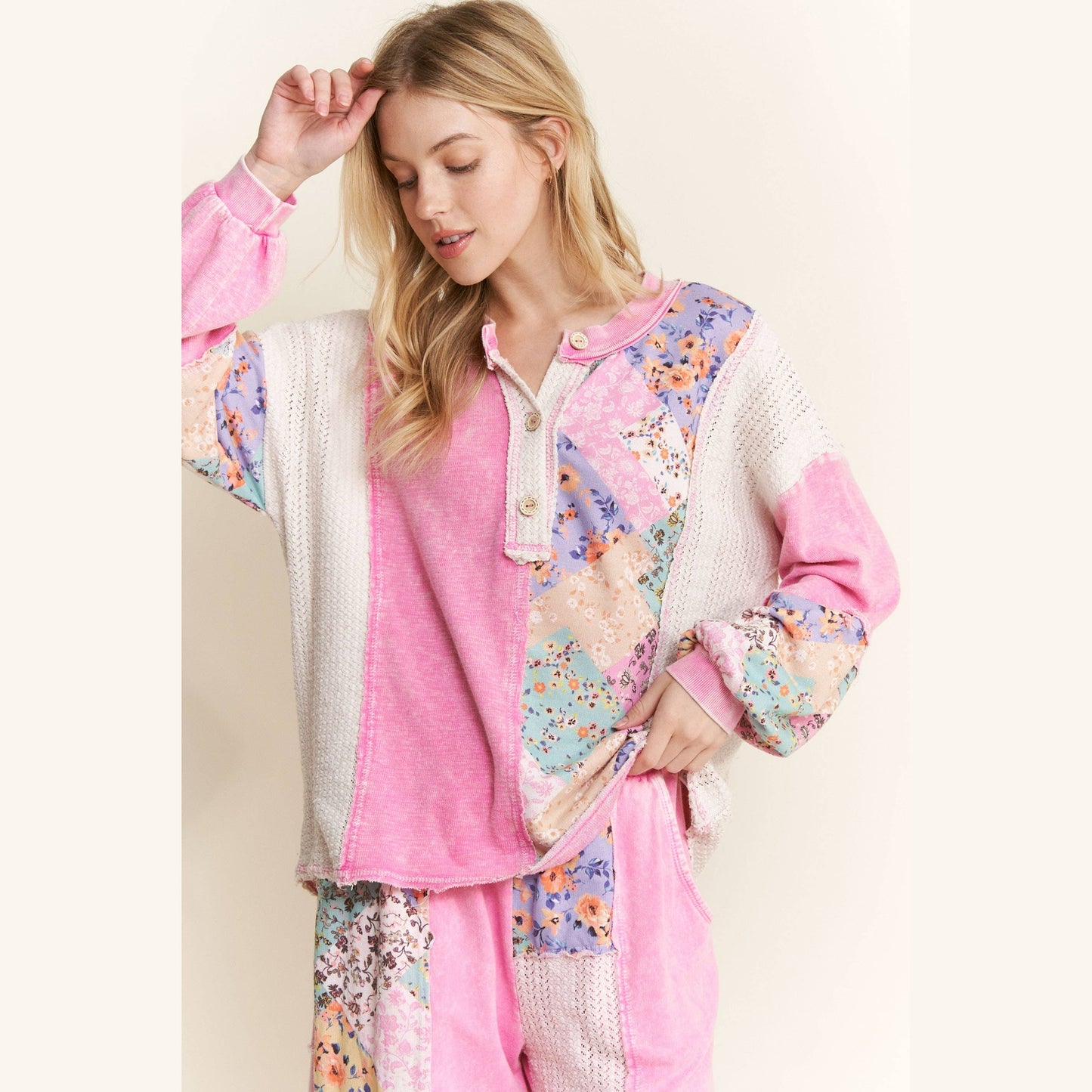 Mineral Washed Floral WaveKnit Jacquard Boho Top