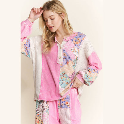 Mineral Washed Floral WaveKnit Jacquard Boho Top