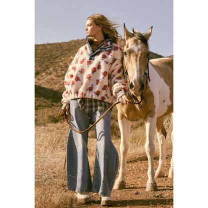 Floral Fleece and Denim Half-Snap Pullover