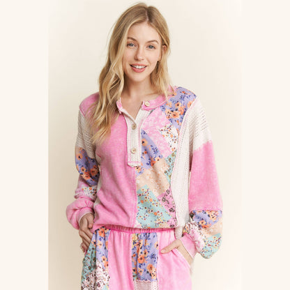 Mineral Washed Floral WaveKnit Jacquard Boho Top