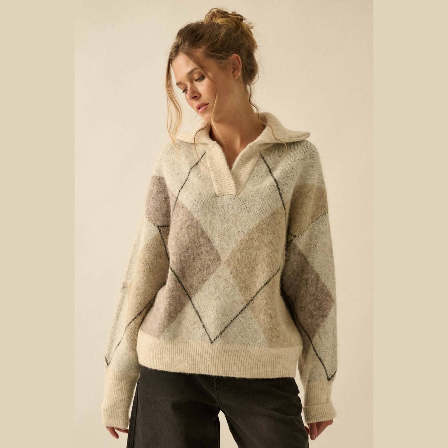 Argyle Plaid Knit Split-Neck Collared Sweater