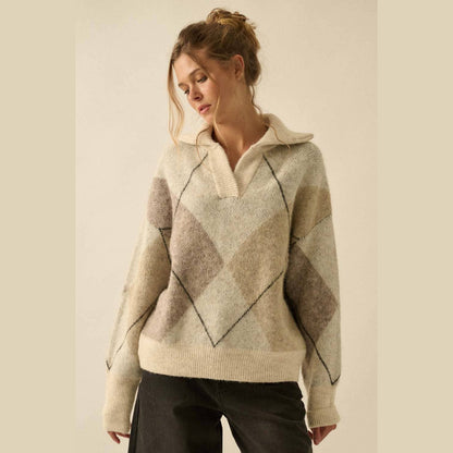 Argyle Plaid Knit Split-Neck Collared Sweater
