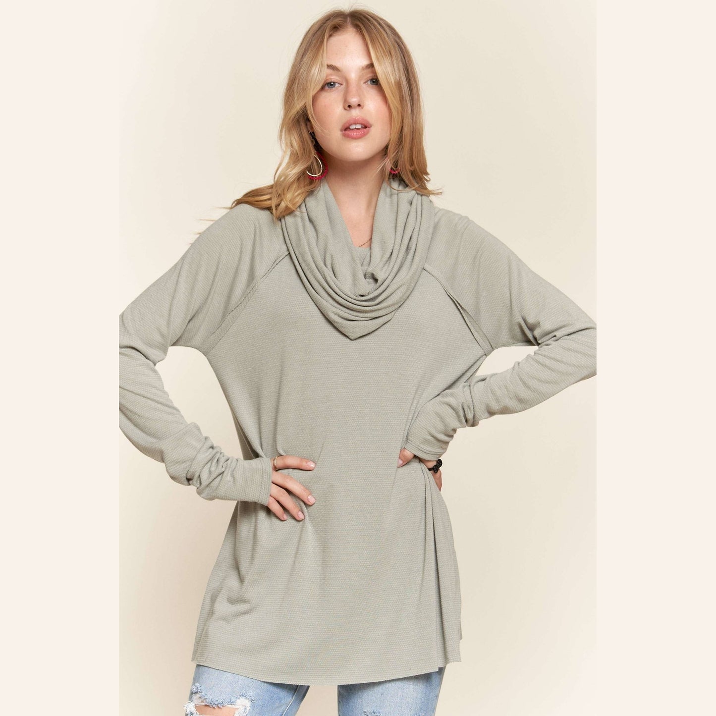 Raglan Sleeve Cowl Neck Top