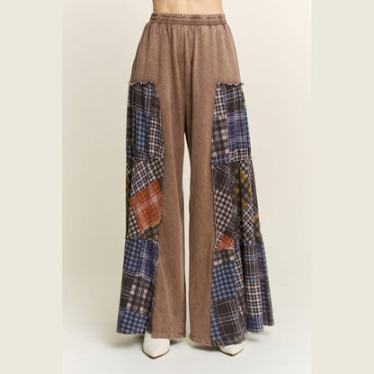 Mineral Washed Tiered Plaid Wide Flare Pants
