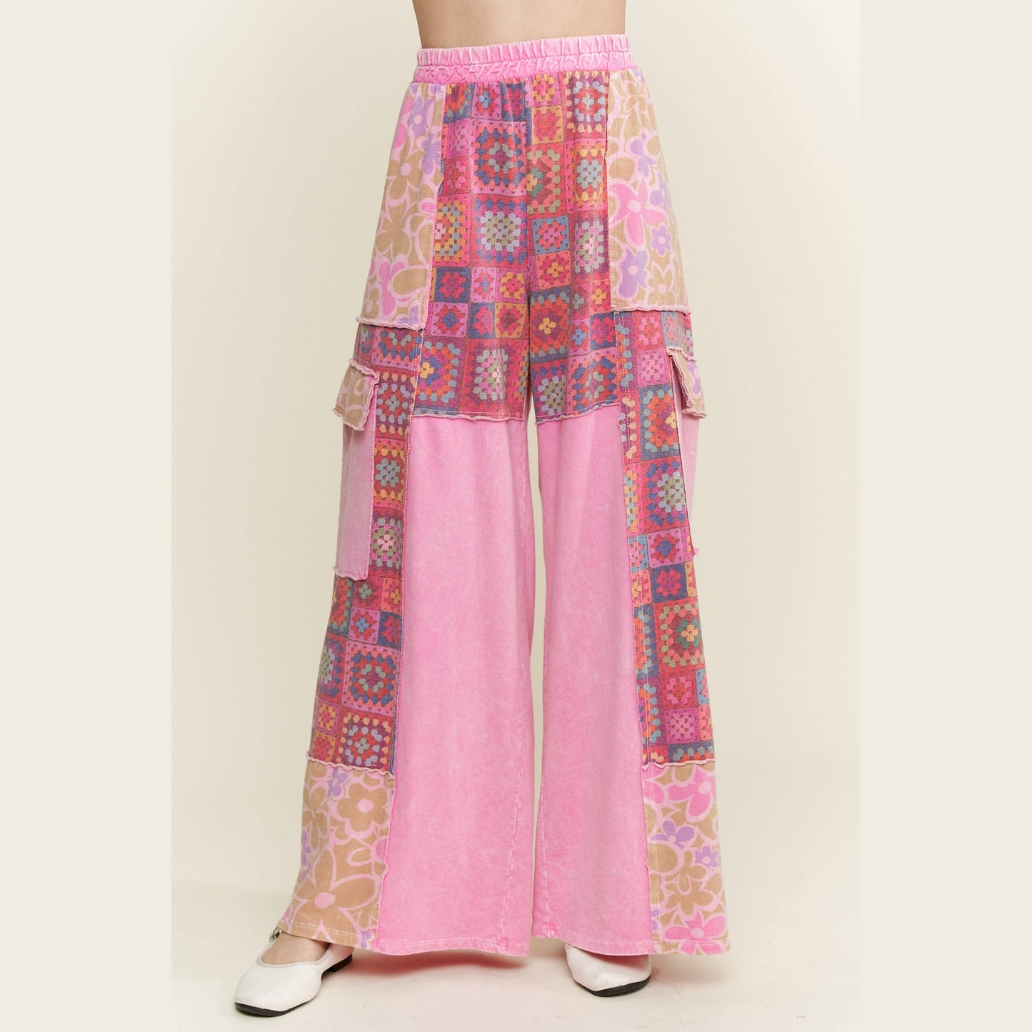 Mineral Wash Boho Crochet Floral Printed Pants