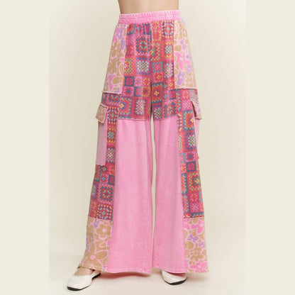 Mineral Wash Boho Crochet Floral Printed Pants