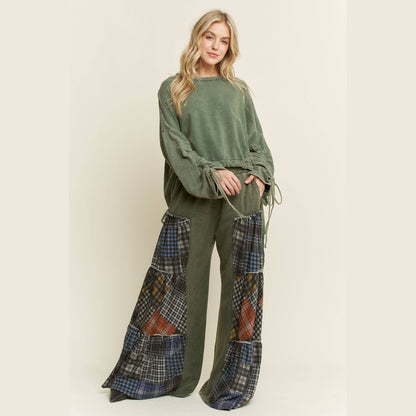 Mineral Washed Tiered Plaid Wide Flare Pants
