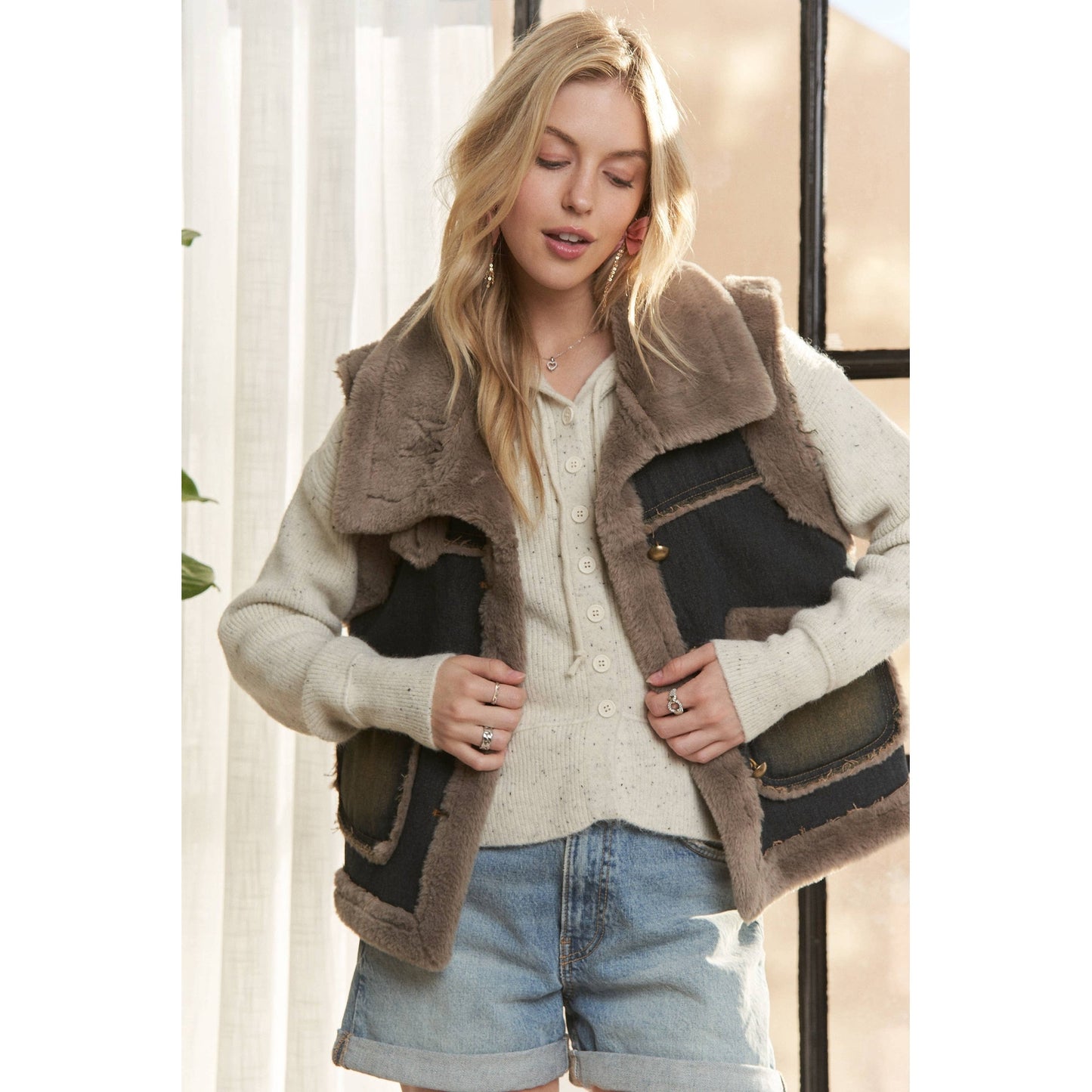 Knit Henly Denim Faux Fur Vest