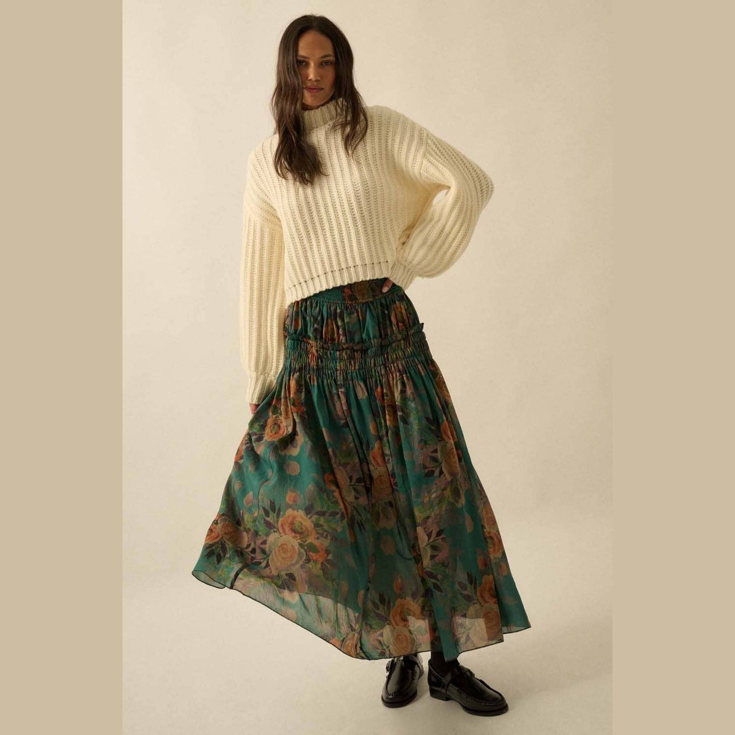 Floral-Print Smocked Drop-Waist Ruffle Maxi Skirt