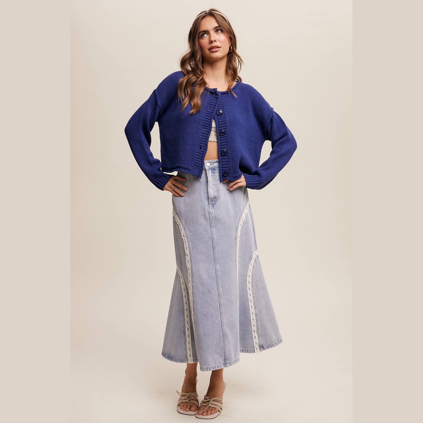 Embroidered Denim Midi Skirt