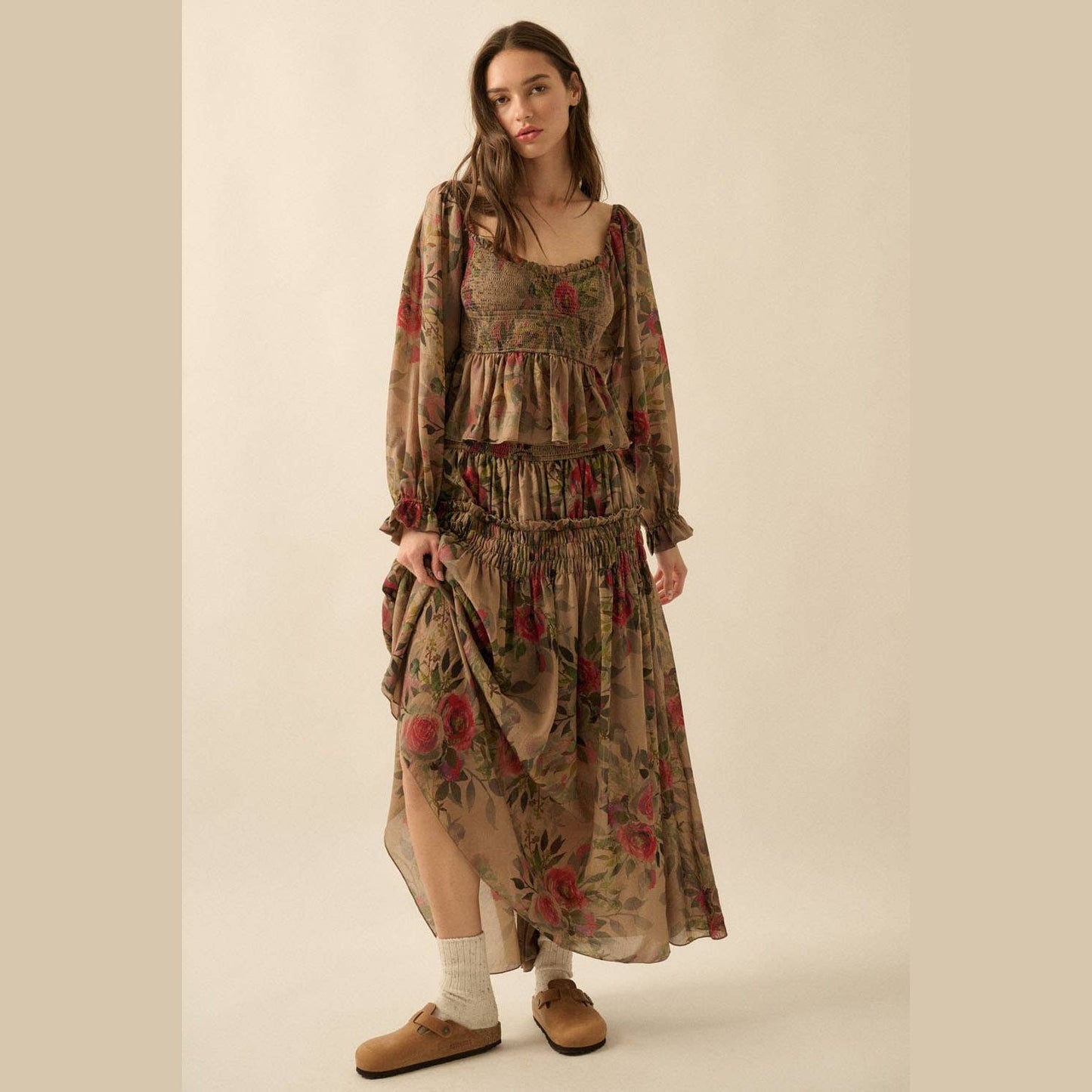 Floral-Print Smocked Drop-Waist Ruffle Maxi Skirt