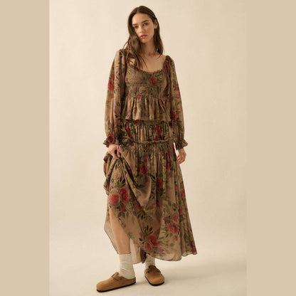 Floral-Print Smocked Drop-Waist Ruffle Maxi Skirt