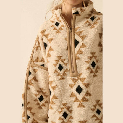 Geometric-Print Sherpa Fleece Half-Zip Pullover