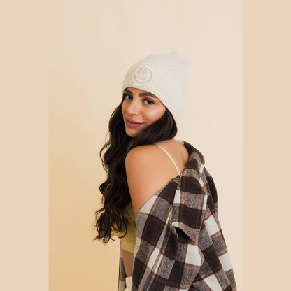 Happy Face Embroidered Ribbed Knit Beanie