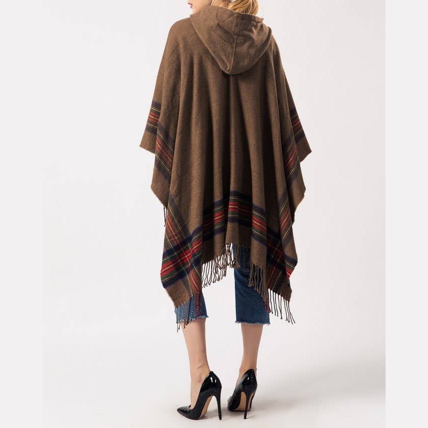 Classic plaid faux wool tartan hooded ruana fringed shawl