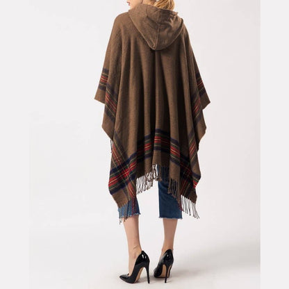 Classic plaid faux wool tartan hooded ruana fringed shawl