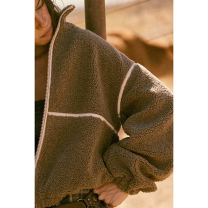 Faux Leather-Trimmed Sherpa Fleece Zip-Up Jacket