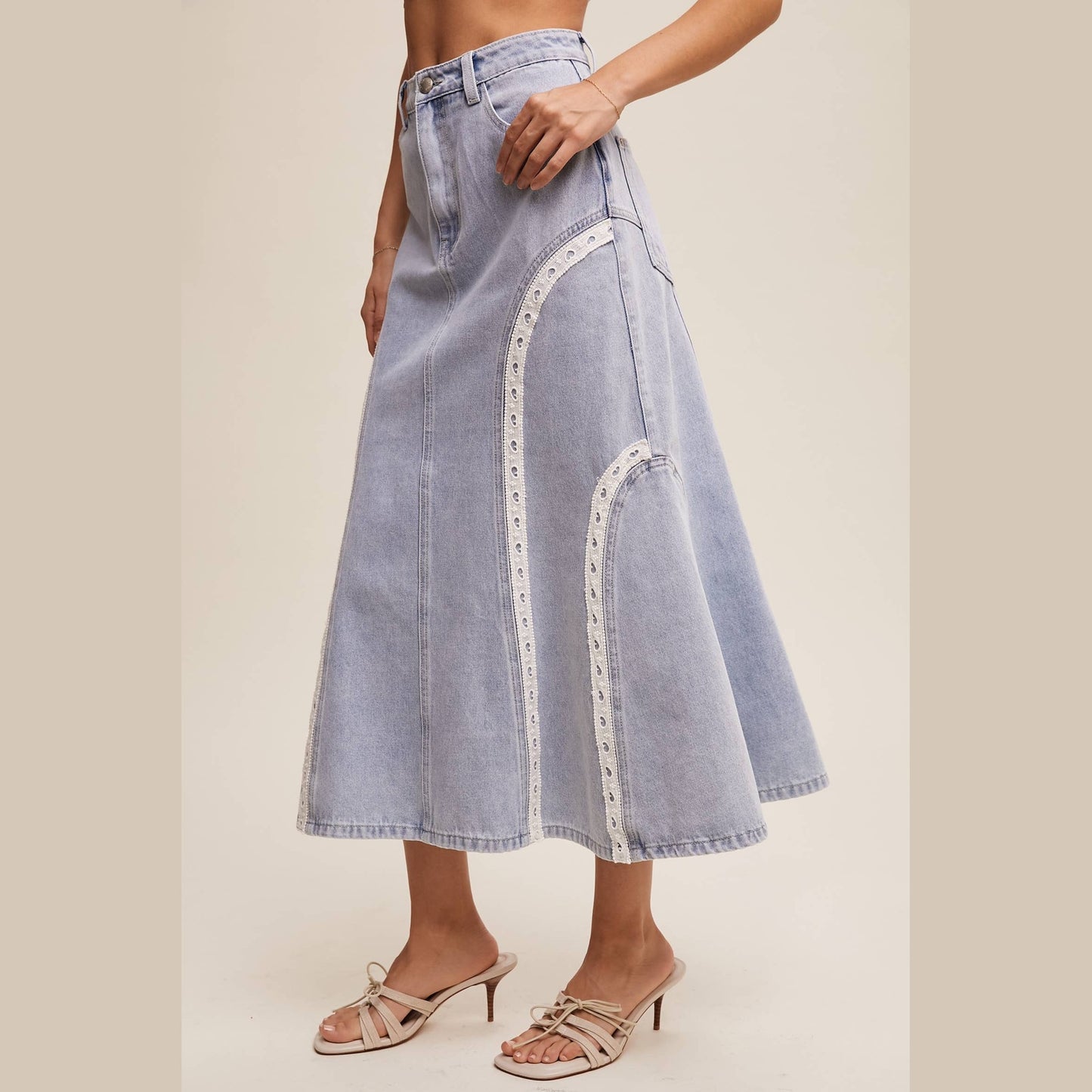 Embroidered Denim Midi Skirt