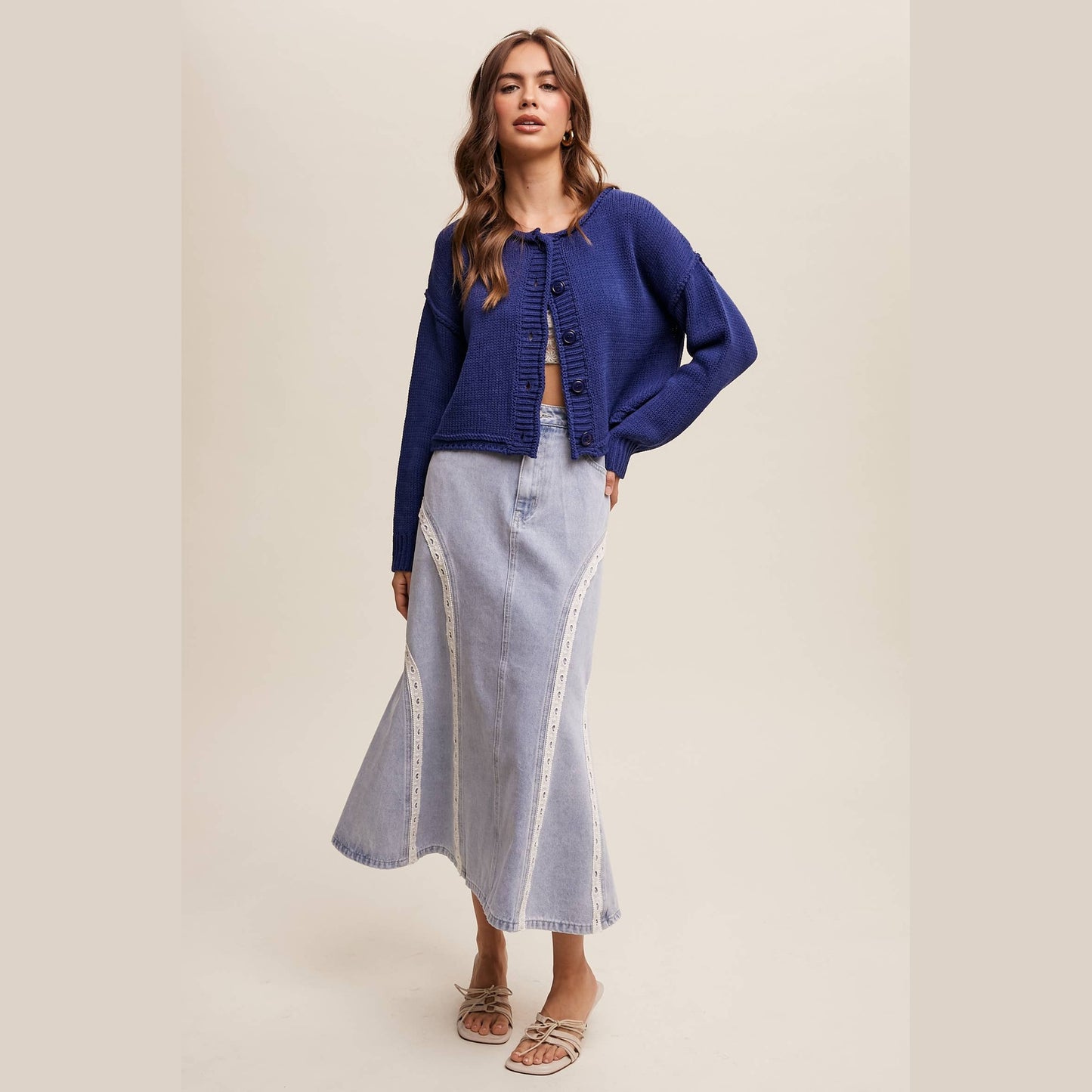 Embroidered Denim Midi Skirt