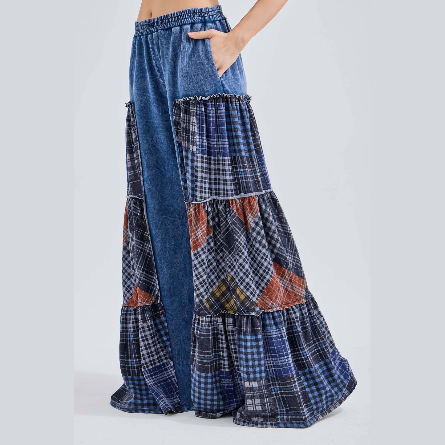 Mineral Washed Tiered Plaid Wide Flare Pants