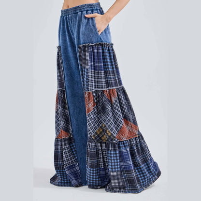 Mineral Washed Tiered Plaid Wide Flare Pants