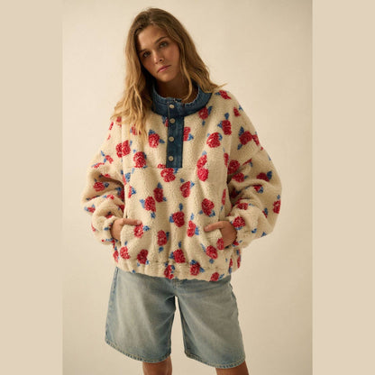 Floral Fleece and Denim Half-Snap Pullover